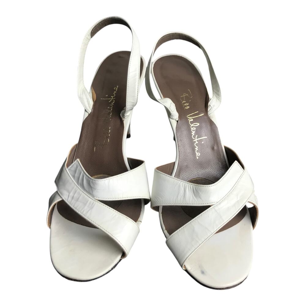 Bill Valentine Vintage Cross Strappy Sandal heels Womens White‎ Leather Classic